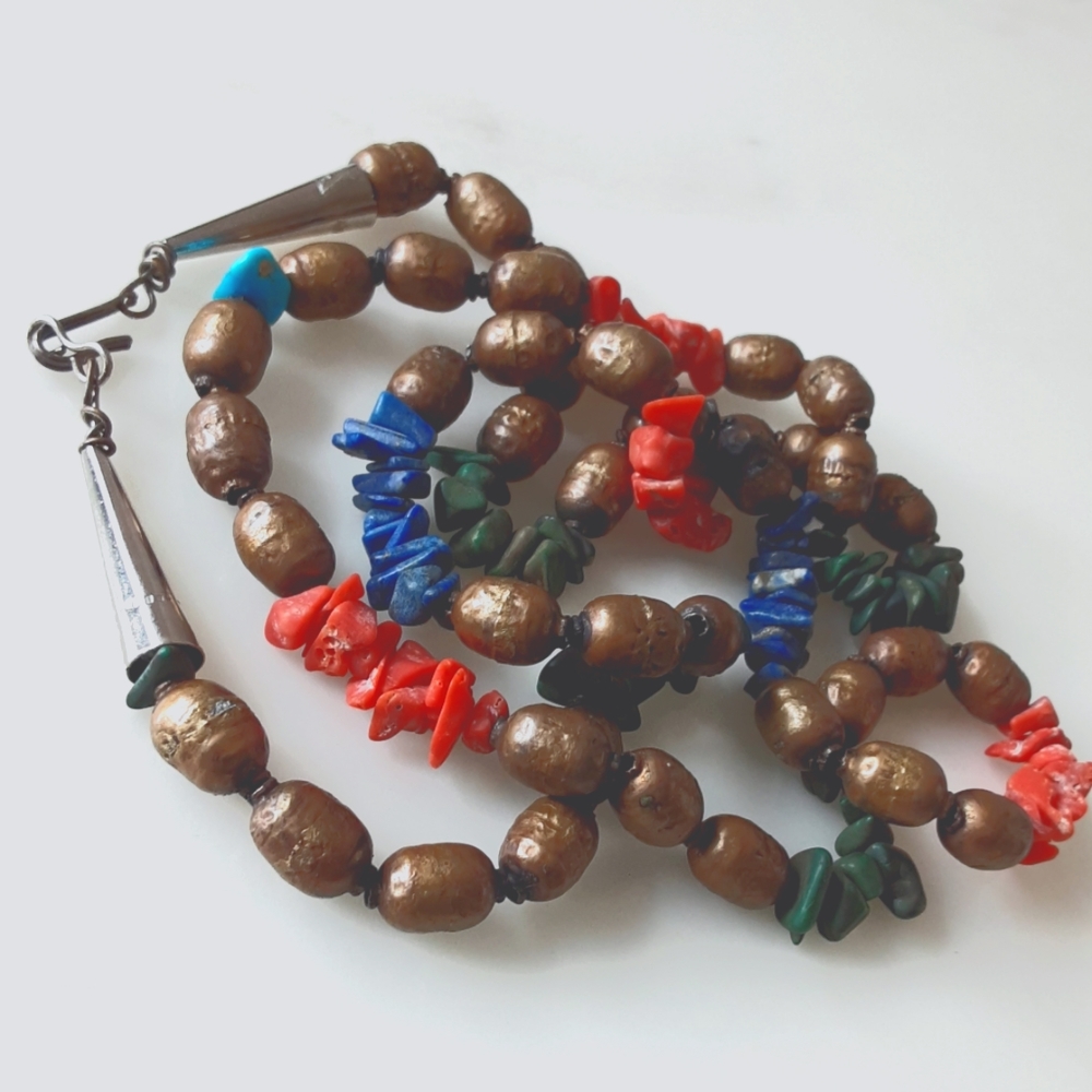 VTG JAPAN COPPER, CORAL, LAPIS, TURQUOISE NECKLACE 32" - Picture 4 of 4